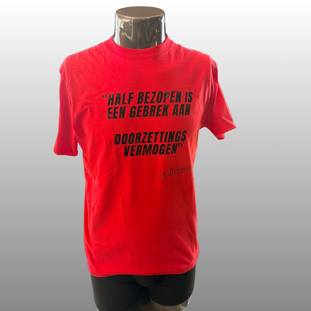Half Bezopen T-shirt – Grappig Statement Shirt (Rood, Unisex)