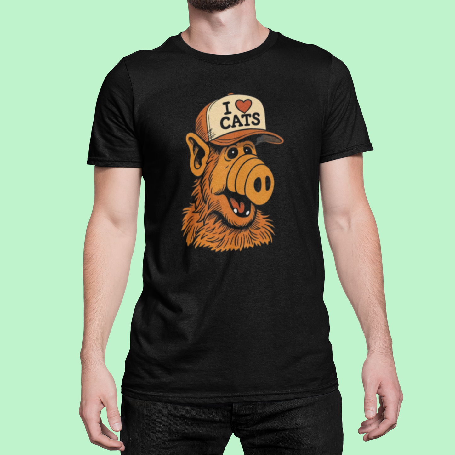 Knipoog naar Toen – Retro ALF “I ❤️ Cats” T-shirt | Nostalgische Humor Tee