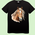 Zwart T-shirt met realistische print van een vosbruin paard met blonde manen en witte bles
