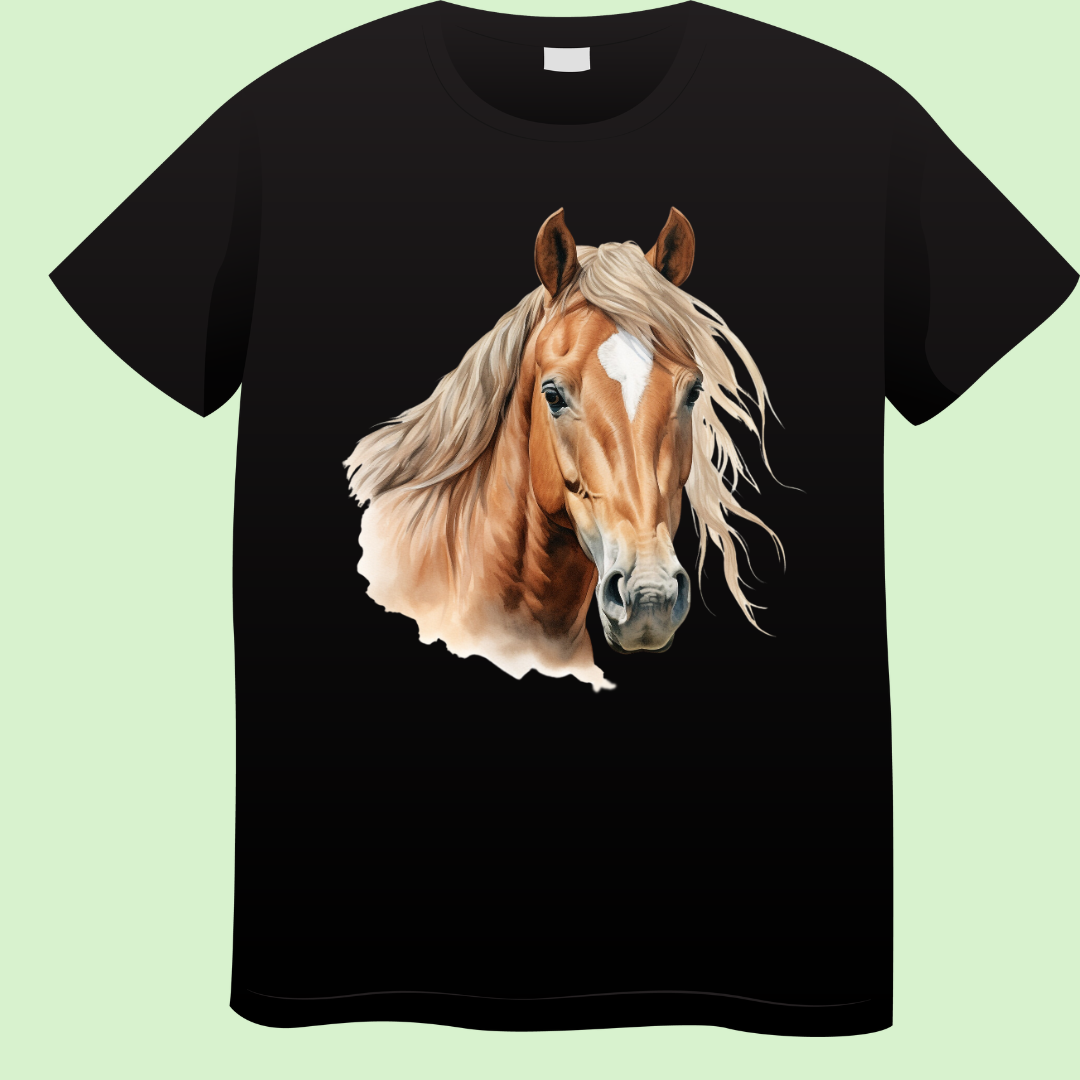 Zwart T-shirt met realistische print van een vosbruin paard met blonde manen en witte bles