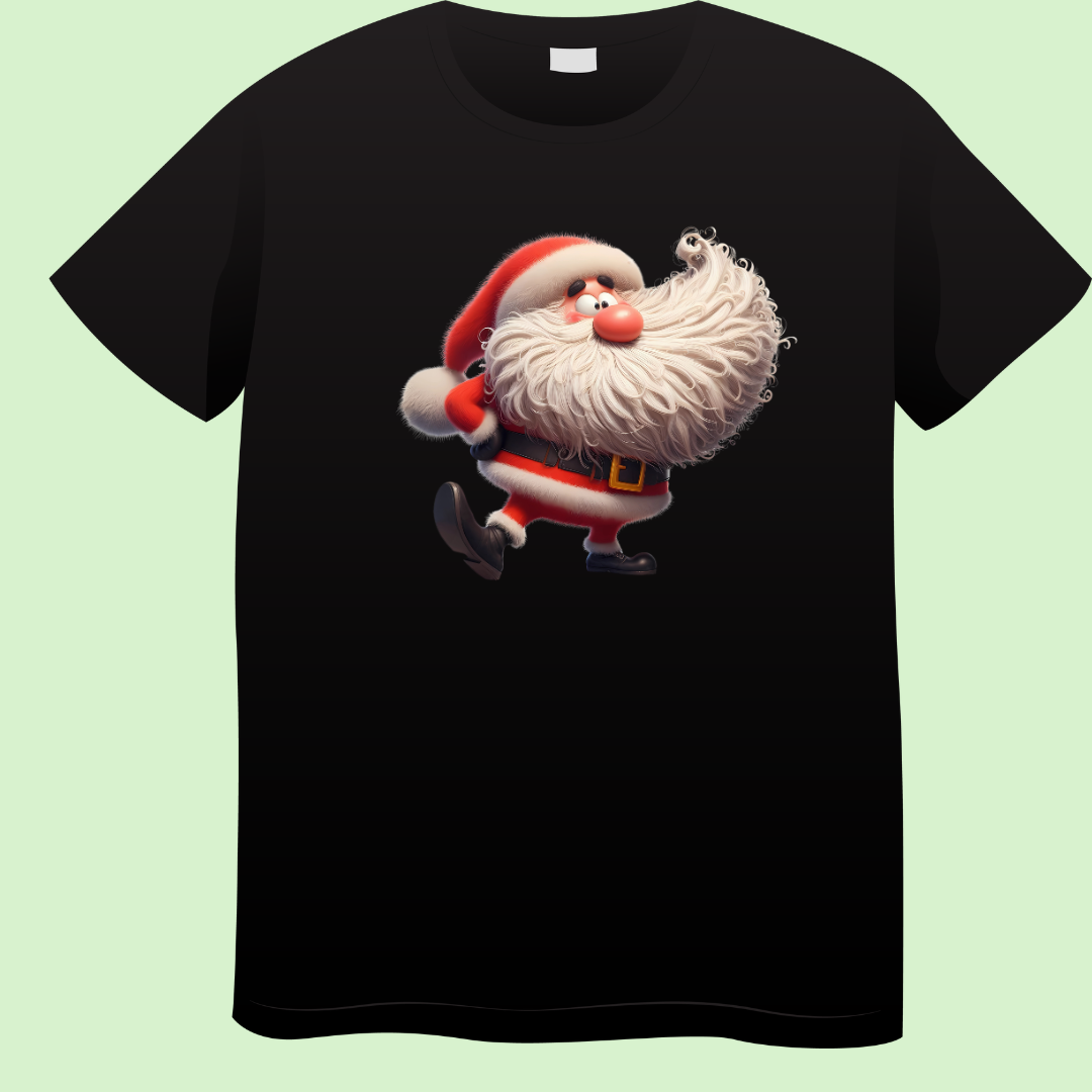 Zwart T-shirt met print van een vrolijke, dansende kerstman met grote witte baard