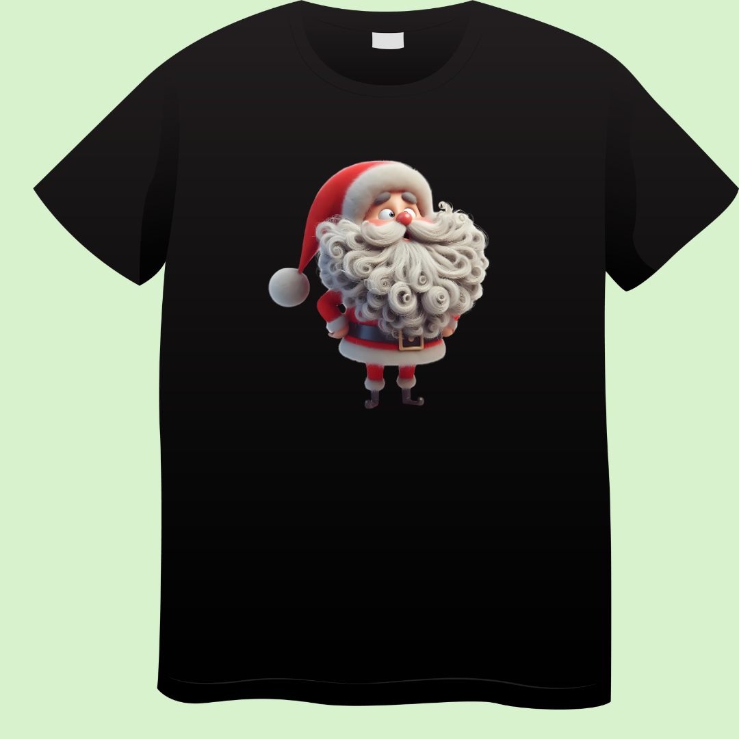 Zwart T-shirt met print van een knuffelbare kerstman met grote witte krullenbaard