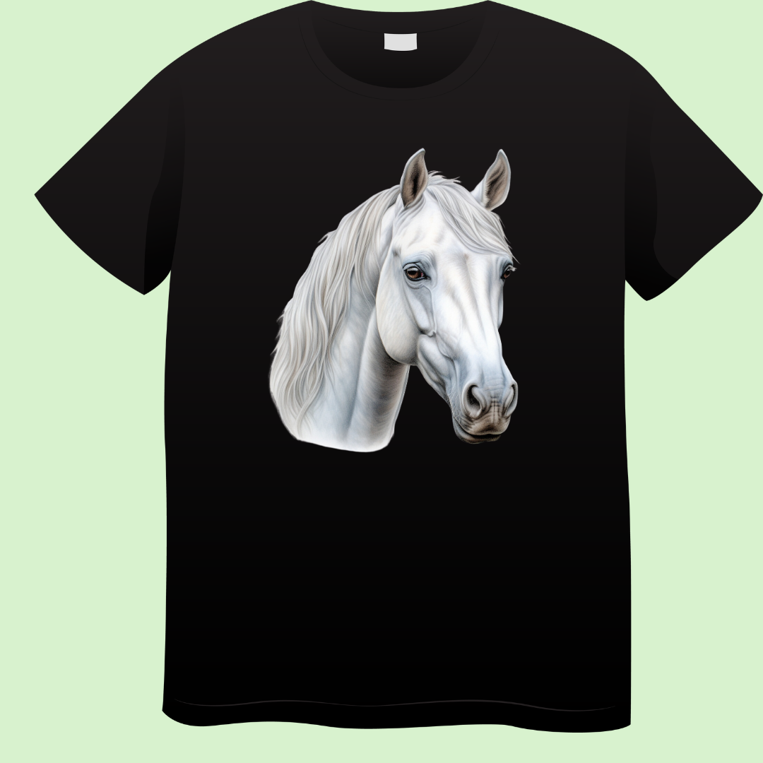 Zwart T-shirt met realistische print van een wit paard met zilvergrijze manen