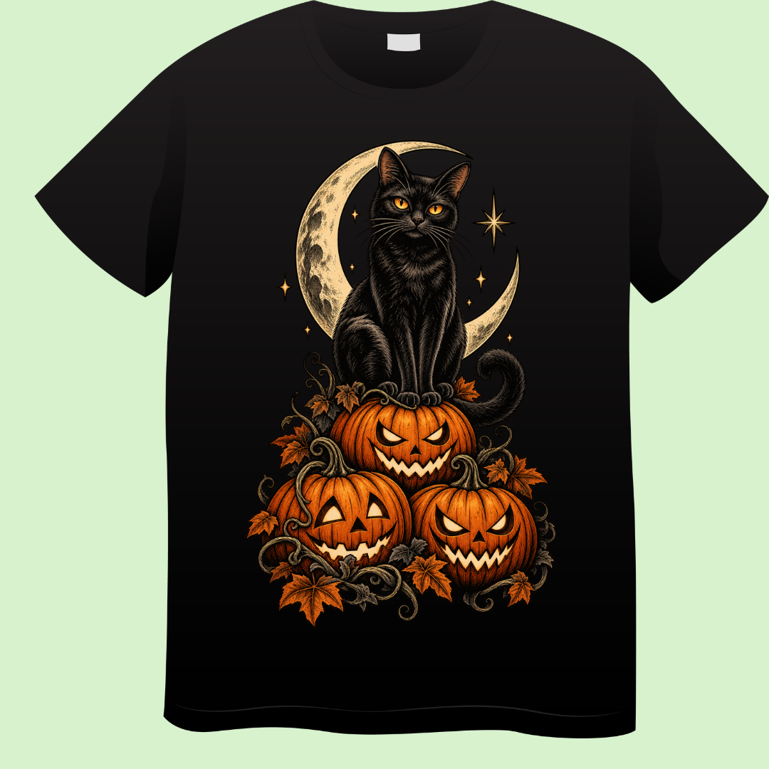 Zwarte Kat op Pompoenen – Halloween T-shirt