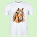 Wit T-shirt met realistische print van een vosbruin paard met lange blonde manen en witte bles