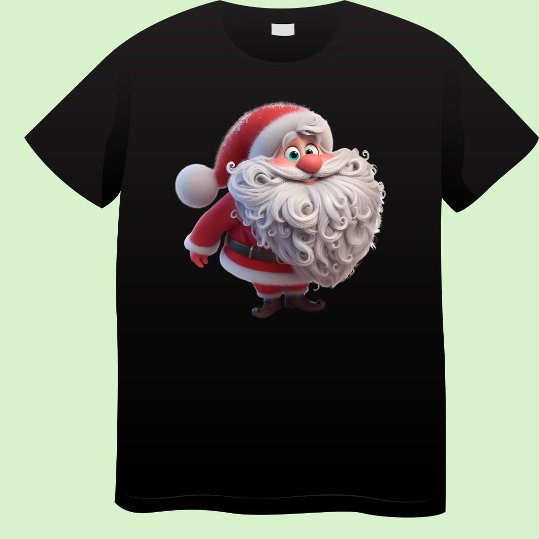 Zwart T-shirt met print van een lachende kerstman met rode neus en grote witte baard