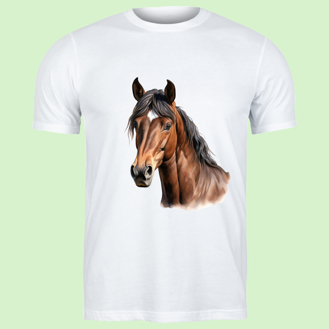 Wit T-shirt met realistische print van een bruin paard met donkere manen en witte ster