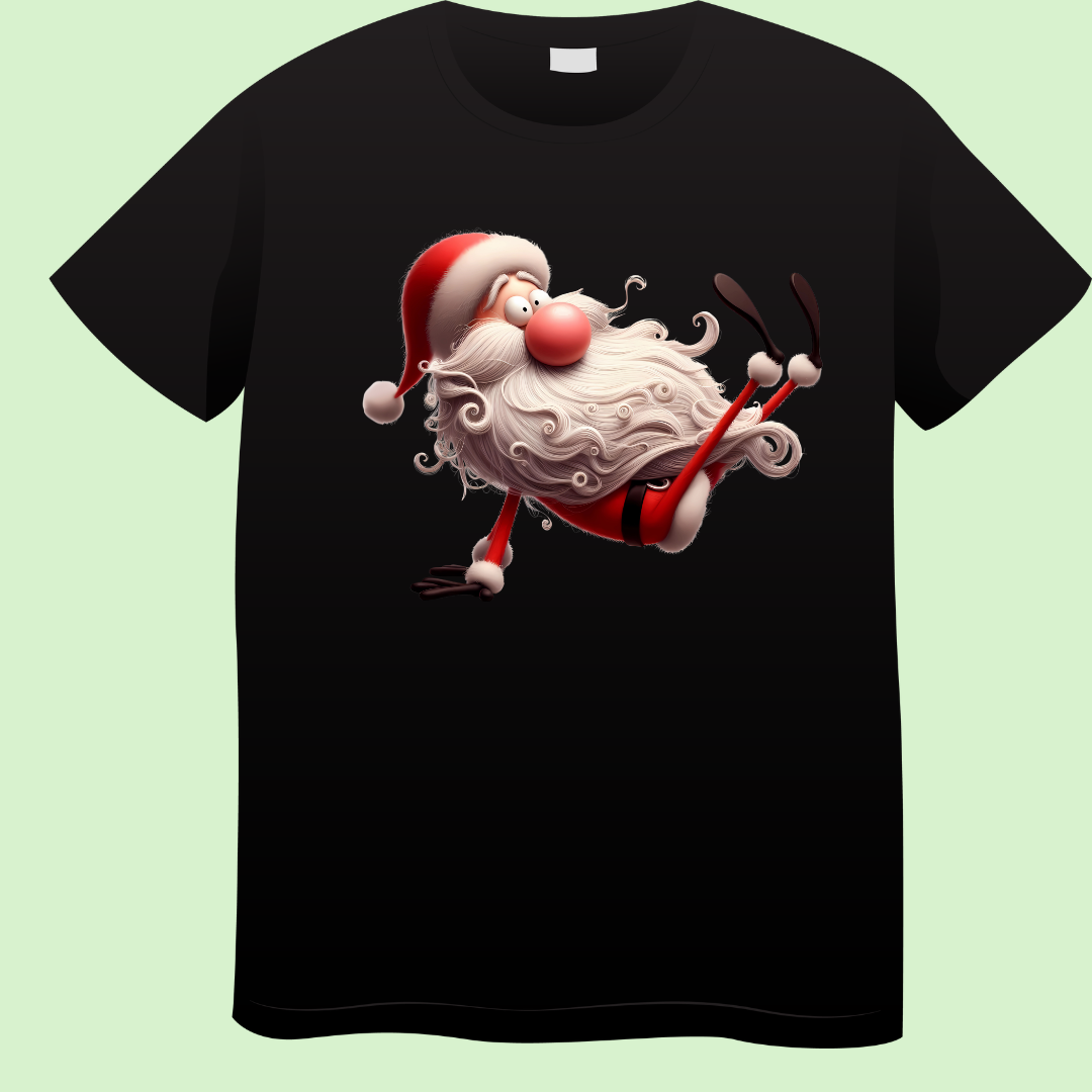Zwart T-shirt met print van een vliegende kerstman met rode neus en wilde witte krullenbaard