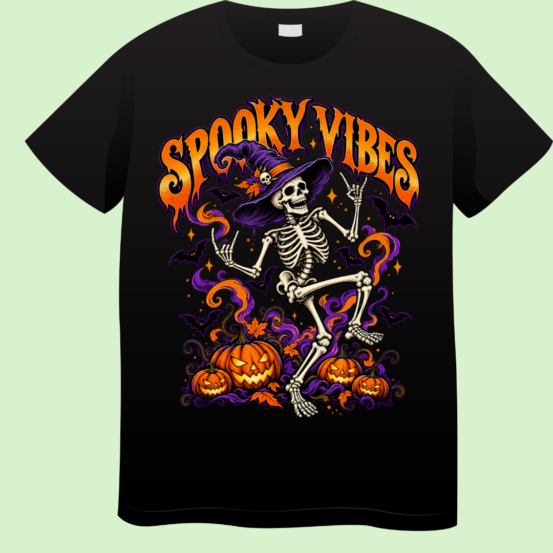Spooky Vibes – Dansend Skelet Halloween T-shirt