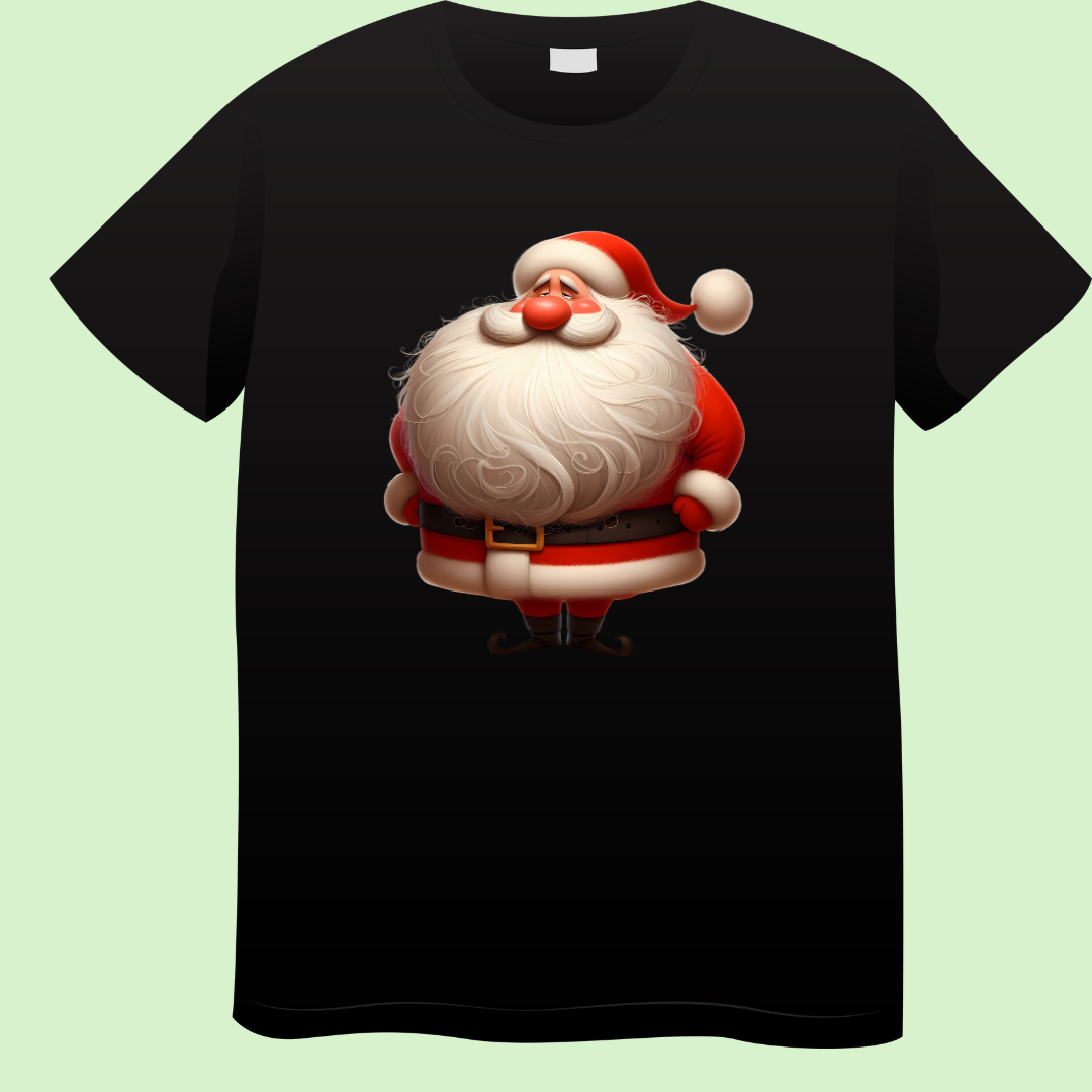Zwart T-shirt met print van een ronde, tevreden kerstman met handen in de zij en grote witte baard