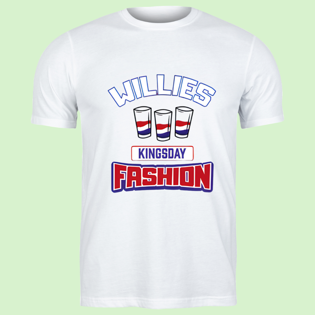 Wit T-shirt met print Willies Kingsday Fashion en drie shotglaasjes in rood, wit en blauw