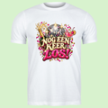 Wit T-shirt met kleurrijke print Nog één keer los! met discobal, champagne, cocktail en confetti in roze en goud