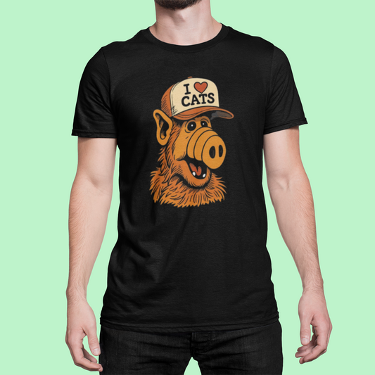 Knipoog naar Toen – Retro ALF “I ❤️ Cats” T-shirt | Nostalgische Humor Tee