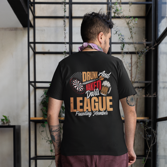 Dartshirt – “Drunk and Naked Darts League” – Zwart – Funny Dart Shirt – League Edition