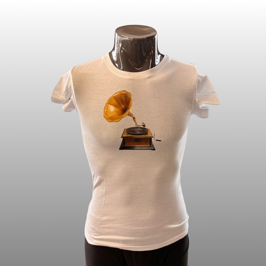 Vintage Grammofoon T-shirt – Minimalistisch Retro Design (Wit, Maat S)