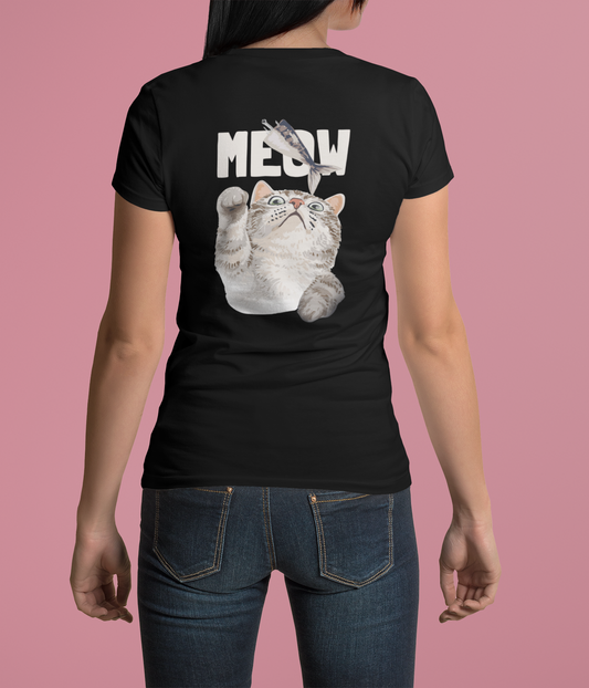 Kadookuz & So T-shirt “Meow” Kat met Vis – Zwart – Katten Humor Shirt – Unisex