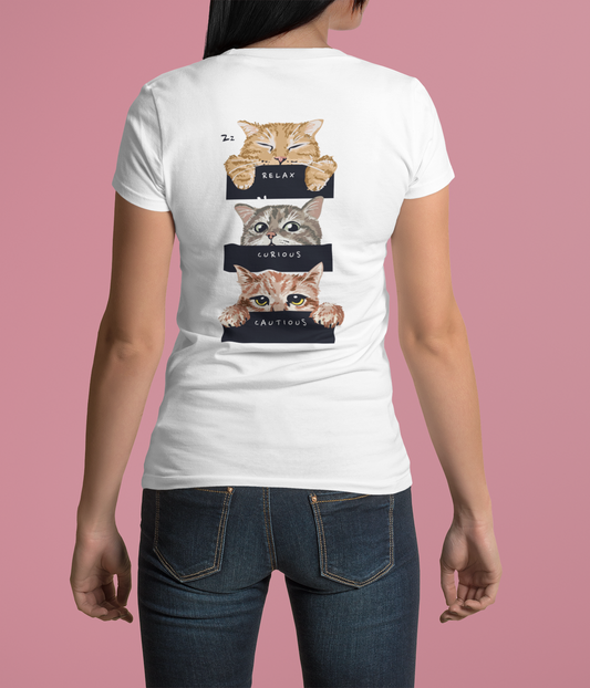 Kadookuz & So T-shirt “Relax Curious Cautious” Kat – Wit – Katten Humor Shirt – Unisex