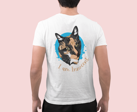 Kadookuz & So T-shirt “I Am Innocent” Kat – Wit – Katten Humor Shirt – Unisex
