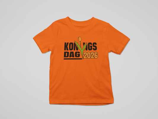 Koningsdag 2026 kinder T-shirt – oranje feestshirt met tulp