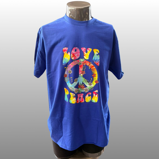 Love Peace T-shirt – Kleurrijk Hippie & Festival Shirt (Kobalt Blauw, Maat L)