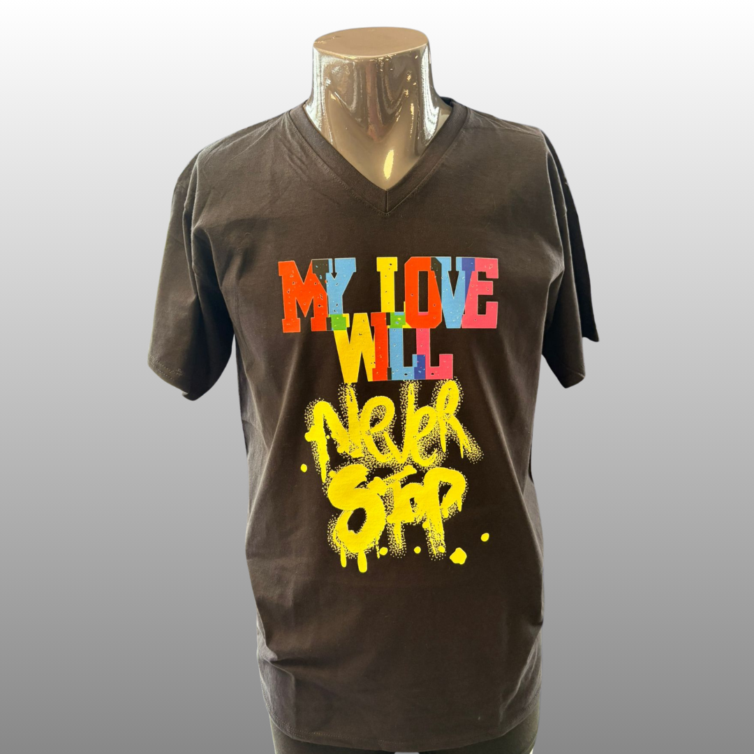 My Love Will Never Stop V-hals T-shirt – Street Art Design (Zwart, Maat L)