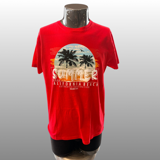 Summer California Beach T-shirt – Zomerse Print met Palmbomen (Rood, Unisex, maat L)